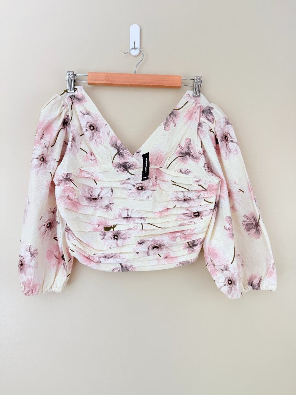 NWT Express Linen Blend Floral Ruched Puff Sleeve Crop Top Size M